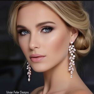 Wedding Earrings Rose Gold Long bridal Marquis Silver, Gold, Cubic Zirconia Prom